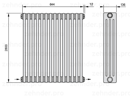 Схема (чертеж) Радиатор Zehnder Charleston 4280/14 №2670 Белый глянцевый RAL 9016